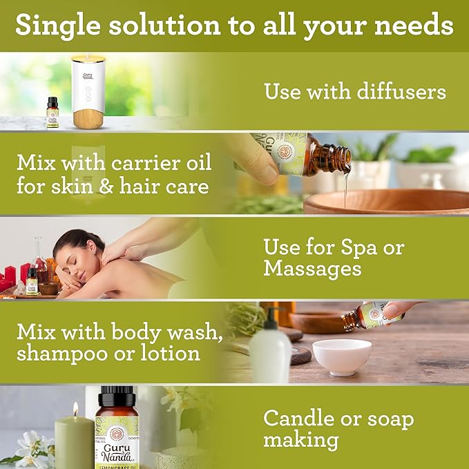 GuruNanda Lemongrass Essential Oil (0.5 Fl oz), 100% Pure, Undiluted Aromatherapy Oil for Diffusers, Helps with Muscle Tension & Promotes Relaxation