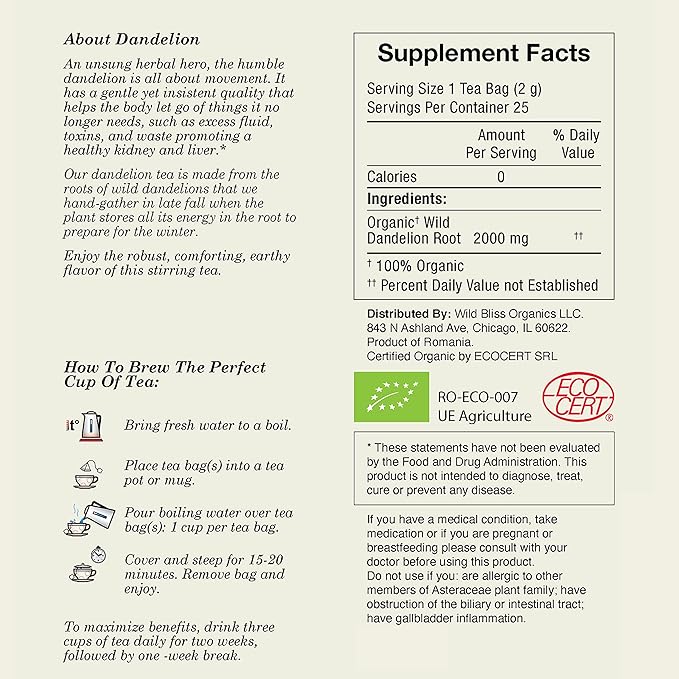Wild Bliss Organic Wild Raw Dandelion Root Tea - Pharmacopoeia Quality Caffeine Free Herbal Detox Support - 25 Plant Based Tea Bags