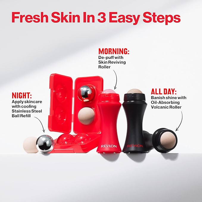 Revlon Oil Absorbing & Cooling Facial Roller Refill Pack with Volcanic & Stainless Steel Stones in Storage Case, Eco-Friendly, Easy to Clean, 1 count