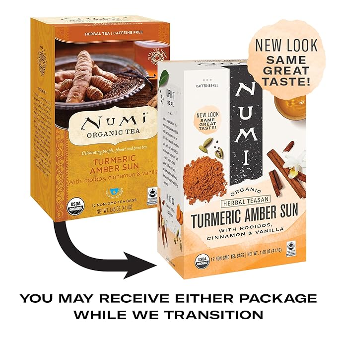 Numi Organic Amber Sun Turmeric Tea Bags, 15 Tea Bags, Herbal Tea with Rooibos & Spices