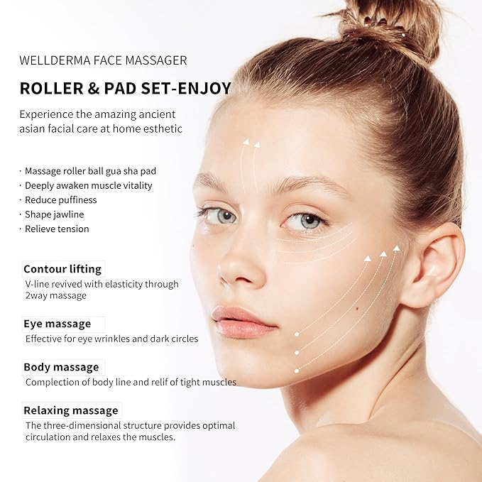 WELLDERMA 2 in 1 Gua Sha & face Roller Metal Tool & Collagen mask Set