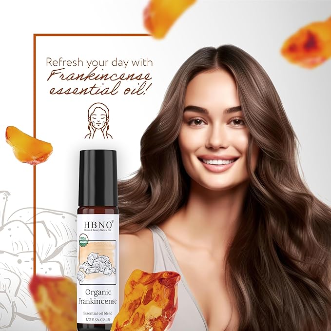 HBNO Organic Frankincense Essential Oil Roll-On - 1/3 oz (10 ml) Travel Size - USDA Certified Organic Frankincense and Mct Oils - Perfect for Traveling, Aromatherapy, Massage, perfumes, moisturizer.