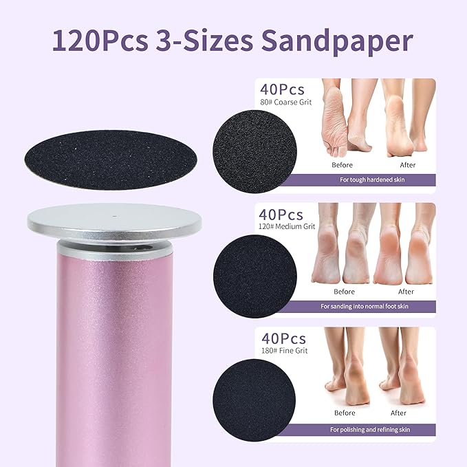 Professional 800RPM Electric Foot Callus Remover with 120pcs Sandpaper Discs, 4.8IN Aluminum Callus Remover for Feet, Stepless Speed Control Foot File for Dead Skin (Purple)