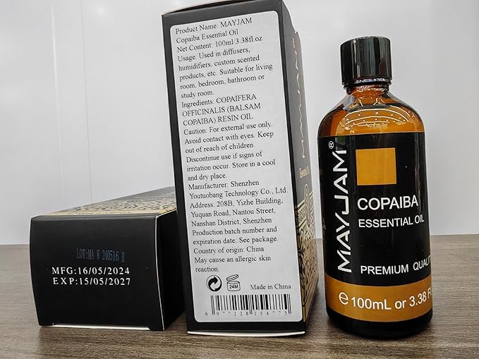 Copaiba Essential Oil, MAYJAM Pure Essential Oils for Diffusers, 3.38FL.OZ/100ML Large Volume Copaiba Oil with Premium Glass Dropper