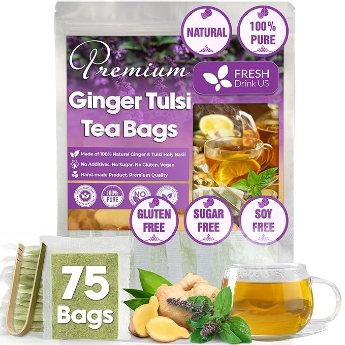 FreshDrinkUS, Premium 75 Ginger Tulsi Tea Bags, 100% Natural, Hand-made Blend of Ginger and Tulsi Holy Basil Leaves, Eco-conscious Tea Bags. Ginger Tulsi Herbal Tea. No Sugar, No Caffeine, Vegan.