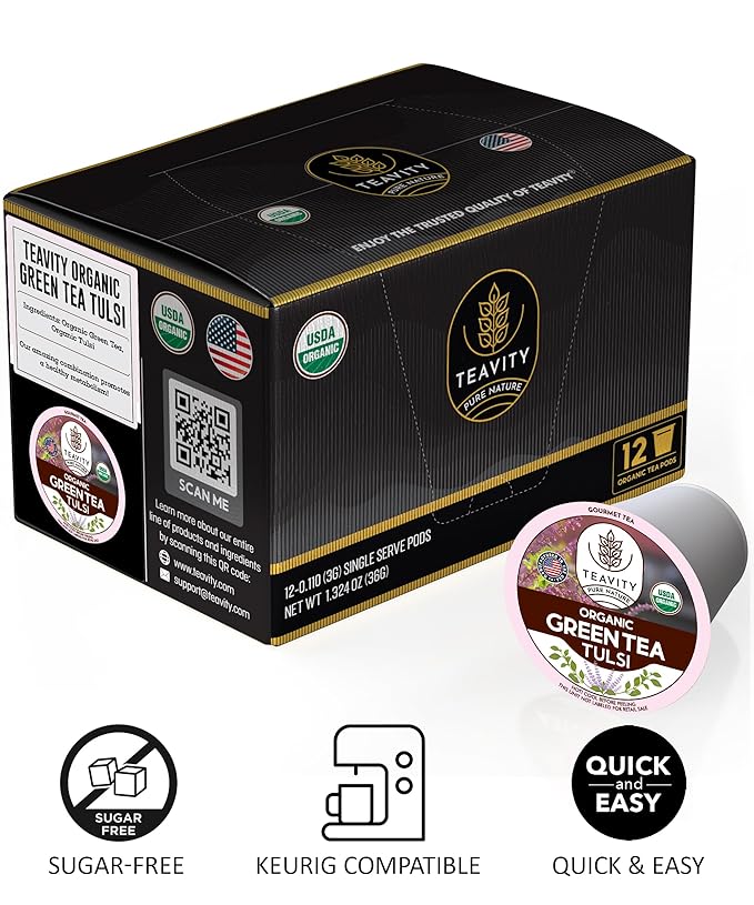 Organic Tulsi Tea Pods with Unsweetened Caffeinated Green Tea Pods for Keurig - Tulsi Green Tea by Teavity (24 Tea Pods)