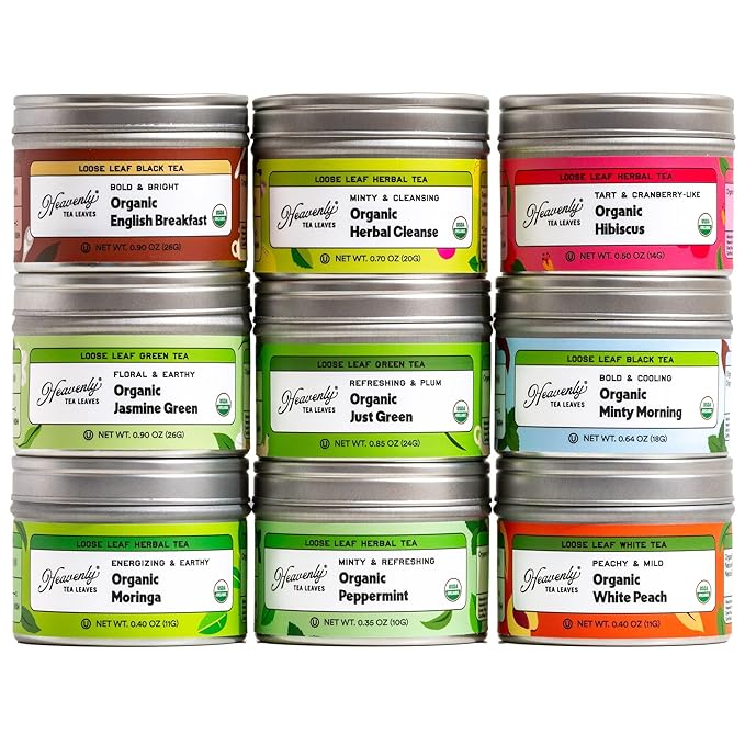 Heavenly Tea Leaves 9 Flavor Variety Pack Loose Leaf Tea Sampler (Approx. 90 Cups) - Green, Herbal, Black, White Teas - Great Iced or Hot - High to No Caffeine - Mother's Day Tea Gifts for Mom