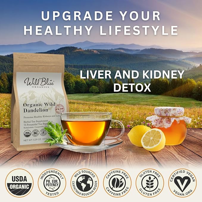 Wild Bliss Organic Wild Raw Dandelion Root Tea - Pharmacopoeia Quality Caffeine Free Herbal Detox Support - 75 Plant Based Tea Bags