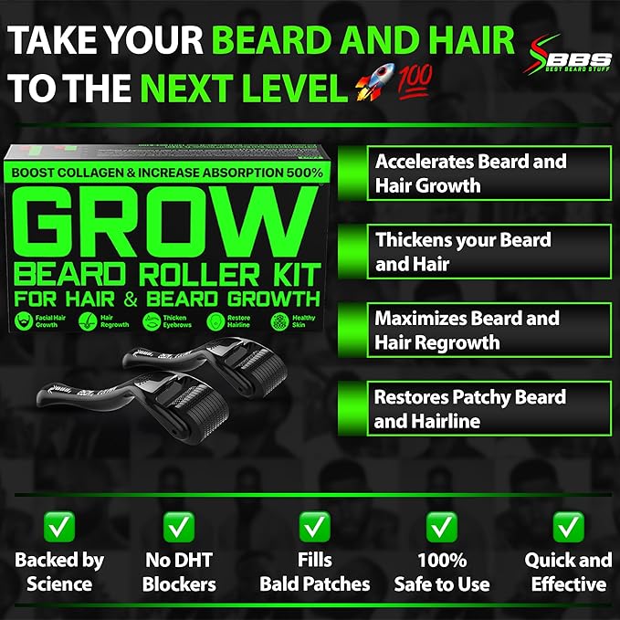 GROW Beard Roller Beard Growth Kit - Best Beard Kit Set of 2 Hair Follicle Stimulator Rollers - The Ultimate Beard Roller for Hair Growth Men of All Skin Types Can Use as a Follicle Booster by BBS USA