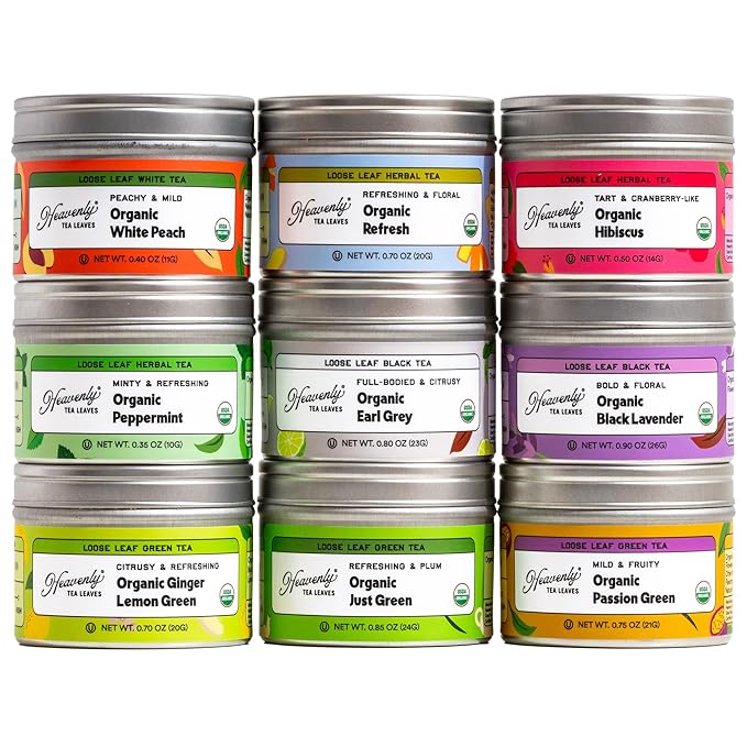 Heavenly Tea Leaves Organic Assorted 9 Loose Leaf Tea Gift Box (Approx. 90 Cups of Tea), Sampler Set of 9 Teas & Herbal Tisanes - Great Hot or Iced, High to No Caffeine, Mother's Day Gifts for Mom