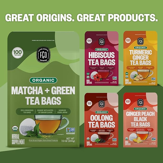 FGO Organic Japanese Matcha + Green Tea, 20 Count, Eco-Conscious Tea Bags, Resealable Bag, Packaging May Vary (Pack of 1)