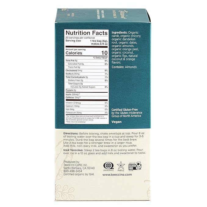Teeccino Dandelion Coconut Tea - Caffeine Free, Roasted Herbal Tea with Prebiotics, 3x More Herbs than Regular Tea Bags, Gluten Free - 25 Tea Bags (Pack of 3)