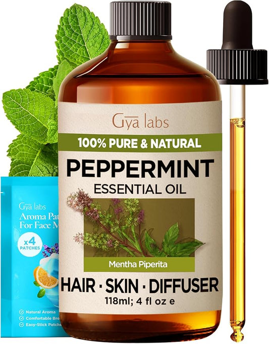 Gya Labs Peppermint Essential Oil for Diffuser & Hair - Huge 4 Fl Oz - 100% Pure Natural Peppermint Mint Oil for Skin, Face, Body, Self-Care - Cooling, Minty Scent for Aromatherapy & Candle Making