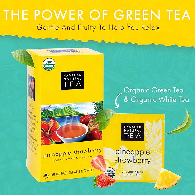 Hawaiian Natural Tea Pineapple Strawberry Flavored Organic Tea - Tropical Fruit Green Tea Blend with White Tea - Perfect Daily Cup & Gift for Tea Lovers - 120 Tea Bags