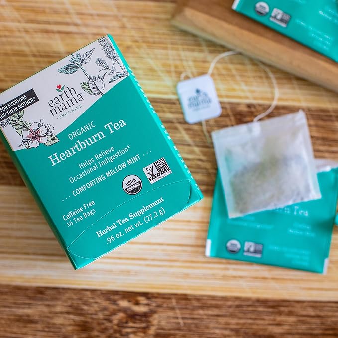Earth Mama Organic Heartburn Tea | Pregnancy-Safe Soothing Herbal Blend with Marshmallow Root, Lemon Balm & Chamomile, 16 Teabags Per Box (6-Pack)