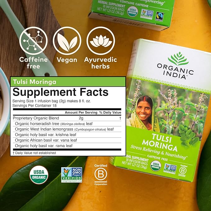 ORGANIC INDIA Tulsi Moringa Tea Bags- Holy Basil, Lemongrass, Moringa Leaves, Calming Immune Support Tea, USDA Organic, Caffeine Free- 18 Bags, 3 Pack