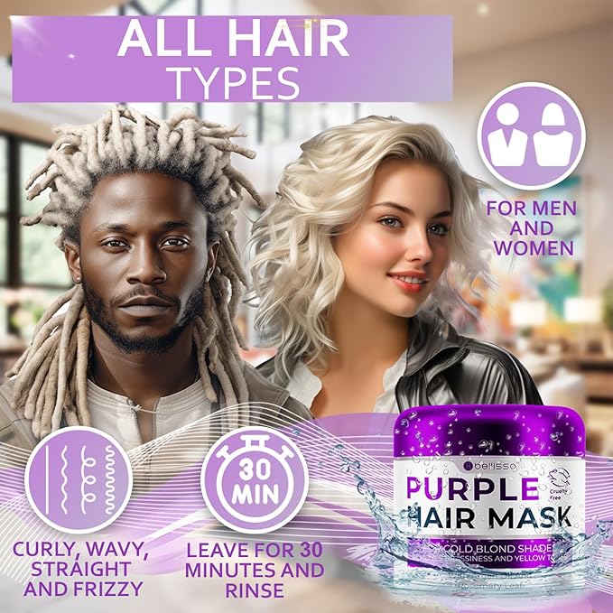 Purple Hair Mask - Deep Conditioner and Toner for Blonde, Brassy Hair - Hydrating Repair and After Bleach Treatment for Damaged and Dry Hair - Moisture Conditioning for Bleached Women and Men
