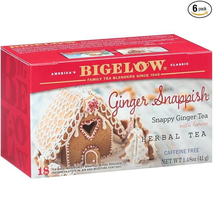 Bigelow Tea Ginger Snappish Herbal Tea, Caffeine Free Tea with Ginger and Lemon, Holiday and Christmas Tea, 18 Count Box (Pack of 6), 108 Total Tea Bags