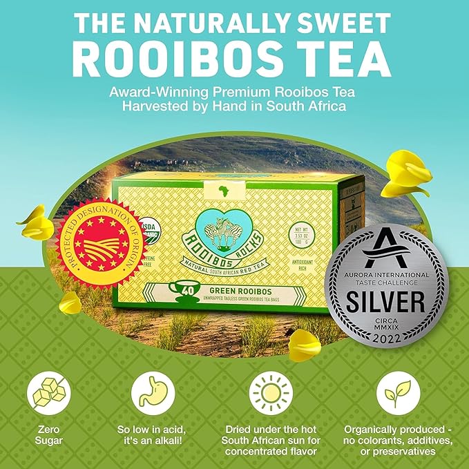 Organic Green Rooibos Tea Bags - 40 Rooibos Green Tea Bags – Naturally Sweet Herbal Tea Rich in Antioxidants – Kid & Pregnancy Safe Tea - USDA Organic Rooibos Tea, Lighter-Bodied Caffeine Free Tea