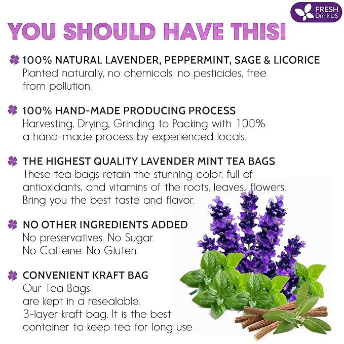 FreshDrinkUS, Premium 75 Tea Bags Lavender Mint Tea, 100% Natural, Blend of Lavender, Peppermint, Sage and Licorice. Made with Natural Material Tea Bags. No Sugar, No Caffeine, Vegan.