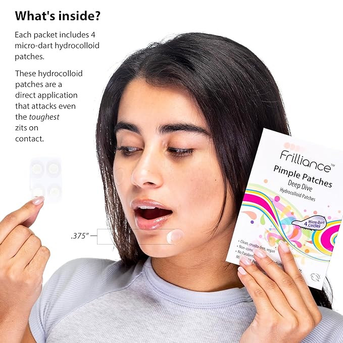 Frilliance Microdart Hydrocolloid Acne Pimple Patches for Zits and Blemishes (4 count) Spot Treatment Stickers for Face & Skin, Vegan and Cruelty Free (Deep Dive Micro Darts)