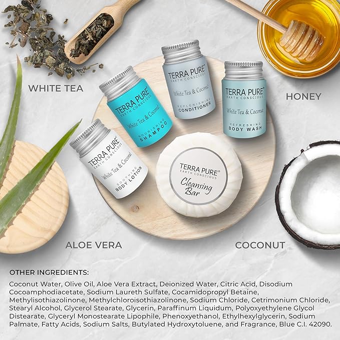 Terra Pure White Tea & Coconut Toiletries Set | 1-Shoppe Amenities Kit | 1oz Liquids, 1.25oz Bar Soap | Hotels, Airbnb & Rentals | 75 Pieces