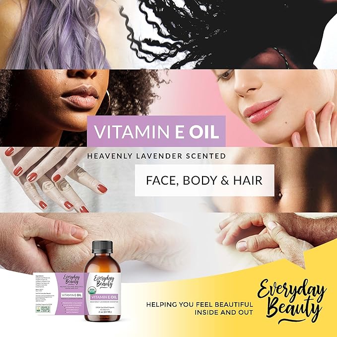 Organic Vitamin E Oil - Heavenly Lavender Scented USDA Certified 100% All Natural Plant Based 2oz - Lightweight and Great for Scars After Surgery - Reduce Wrinkles, Anti Aging, Lighten Dark Spots