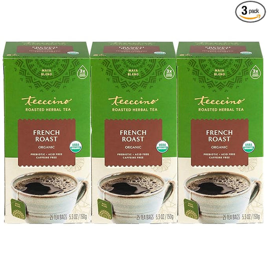 Teeccino French Roast Herbal Tea - Rich & Roasted Herbal Tea That’s Caffeine Free & Prebiotic for Natural Energy, Coffee Alternative, 25 Tea Bags (Pack of 3)