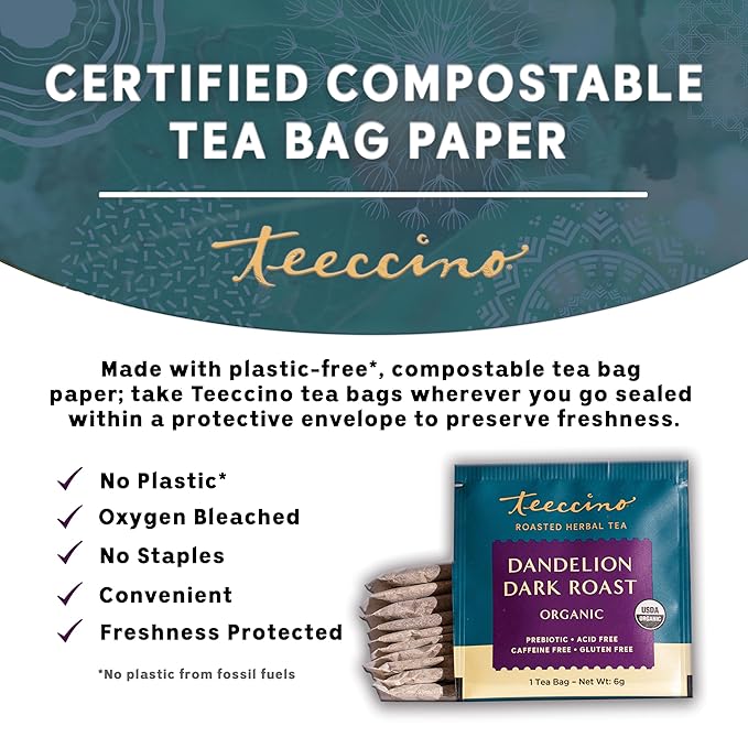 Teeccino Dark Roast Dandelion Tea - Rich & Roasted Herbal Tea That’s Caffeine Free & Prebiotic with Detoxifying Dandelion Root, 25 Tea Bags (Pack of 3)