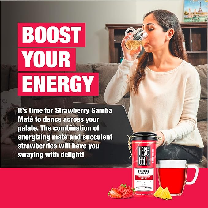 Tiesta Tea - Strawberry Samba Mate | Loose Leaf | Strawberry Hibiscus Mate Tea | High Caffeinated Fruit Blend | Make Hot or Iced Up to 50 Cups | 4 oz Refillable Tin