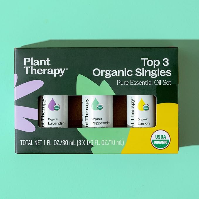 Plant Therapy Top 3 Organic Essential Oil Singles Set 10 mL (1/3 oz) Lemon, Lavender & Peppermint 100% Pure Essential Oils, Undiluted, Natural Aromatherapy for Diffusion and Body Care