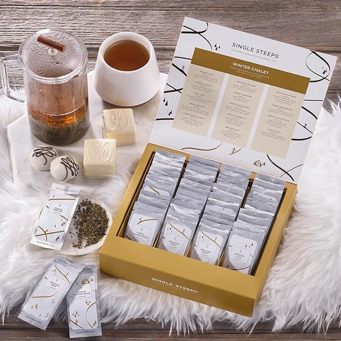 Tea Forte Winter Chalet Single Steeps Loose Leaf Premium Tea Gift Set Sampler, 28 Count, 2 of Each Assorted Blends Pre-Portioned Single Serve Pouches, Steeps 12 oz