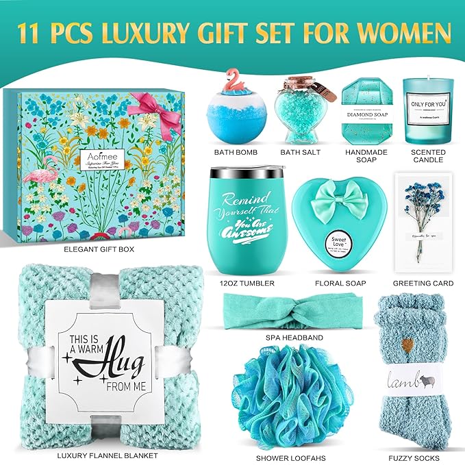 Birthday Gifts for Women, Thinking of You Gift Care Package with Luxury Flannel Blanket for Women Mom Her Wife Friends Sister, Blue Self Care Spa Relaxing Baskets for Christmas Valentines Mothers Day