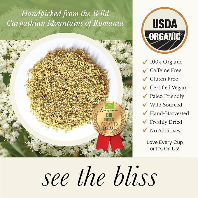 Wild Bliss Organic Elderflower Tea – Immune and Respiratory Support - Caffeine Free Loose Leaf Elder Flowers - 2.11 Ounces - 24 Servings