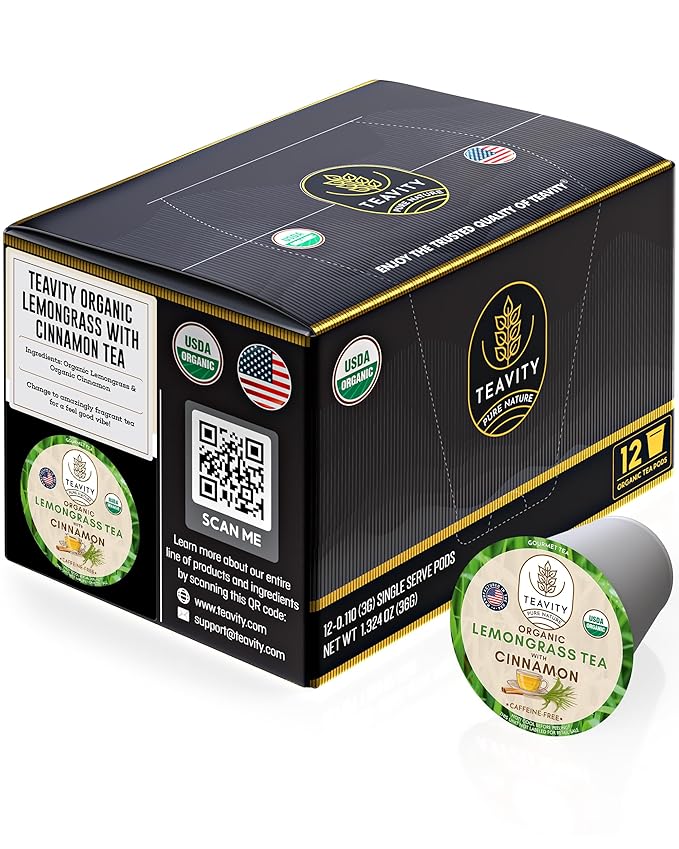 Teavity Organic Lemongrass and Cinnamon Tea Pods for Keurig - Naturally Decaffeinated Herbal Tea Blend (12 Pods)