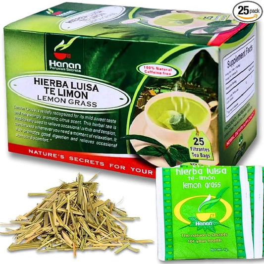 Hanan Lemongrass 25 Herbal Tea Bags - Hierba Luisa Te de Limon Dried Lemon Grass Leaf Herbs & Hierbaluisa Natural Supplement from Peru