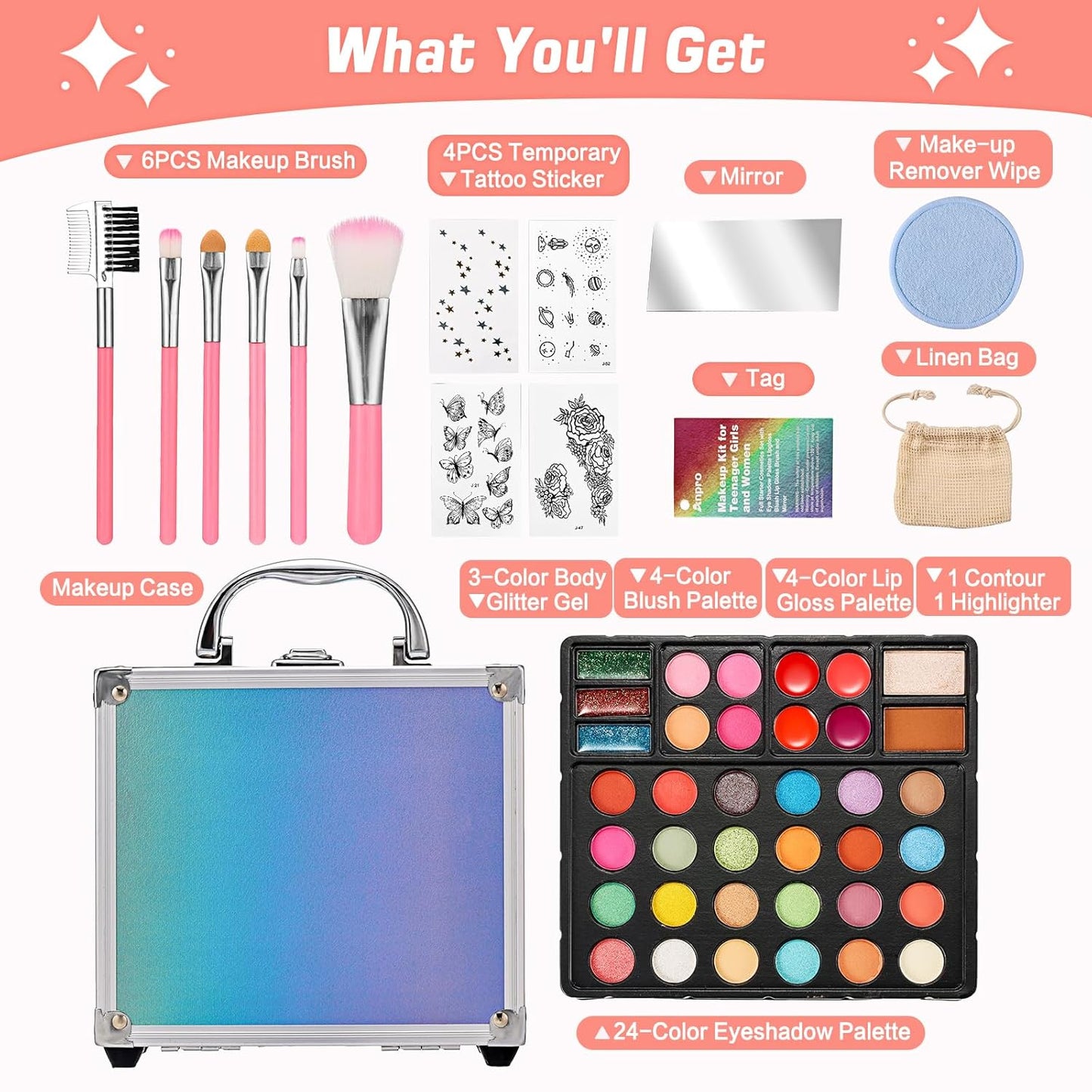 Anpro All-In-One Makeup Carry Case with Pro Teen Makeup Set, Full Starter Cosmetics Kit with Makeup Brushes, Eye Shadows Palette, Blushes, Glitter Gel, Temporary Tattoo Stickers - Blue