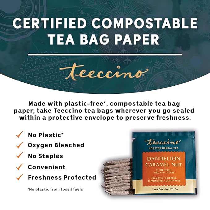Teeccino Dandelion Caramel Nut Tea, 25 Tea Bags - Caffeine Free, Roasted Herbal Tea with Prebiotics, 3x More Herbs than Regular Tea Bags, Gluten Free, Great Hot or Iced, Herbal Tea