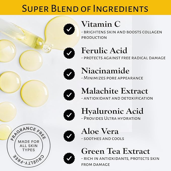 Vitamin C Serum with Ferulic Acid, Niacinamide, & Malachite Extract | Brighten & Smooth | Fragrance-Free | 2 fl oz