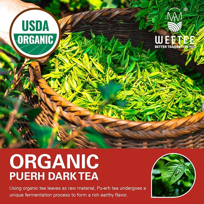WT WEETEE Organic Puerh Tea Bags, Organic Ripe Pu'erh Tea 100 Count, Smooth, Subtly Sweet, Earthy Dark Tea Black Tea, Rich Antioxidants