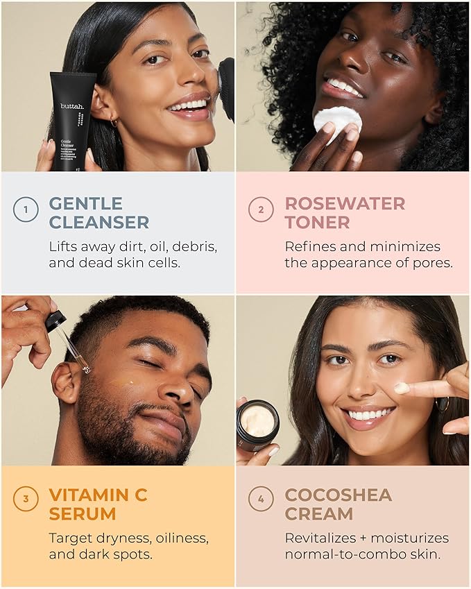 Buttah Skin Supreme Kit for Melanin Rich Skin | CocoShea Revitalizing Cream 2 oz | Vitamin C Serum 1 oz | Cleanser 3.4 oz | Rosewater Toner 3.4 oz | Black Owned Skincare