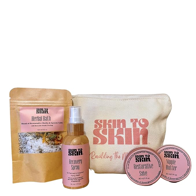 Skin to Skin Postpartum Recovery Kit - 4 Piece Set in Cosmetic Bag - Includes: Herbal Bath, Recovery Spray, Restorative Salve, Nipple Butter - After Birth Care