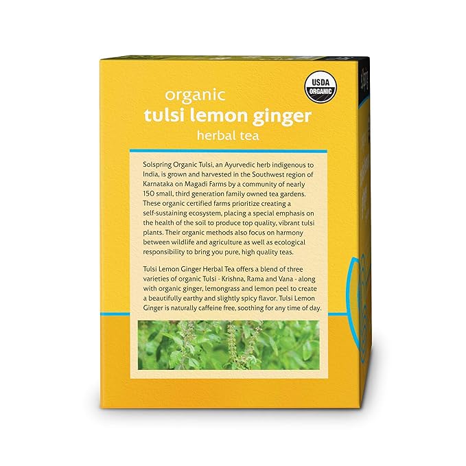 Dr. Mercola Solspring Organic Tulsi Lemon Ginger Herbal Tea, 18 Tea Bags, Naturally Caffeine Free, USDA Organic, Organic Demeter Certified