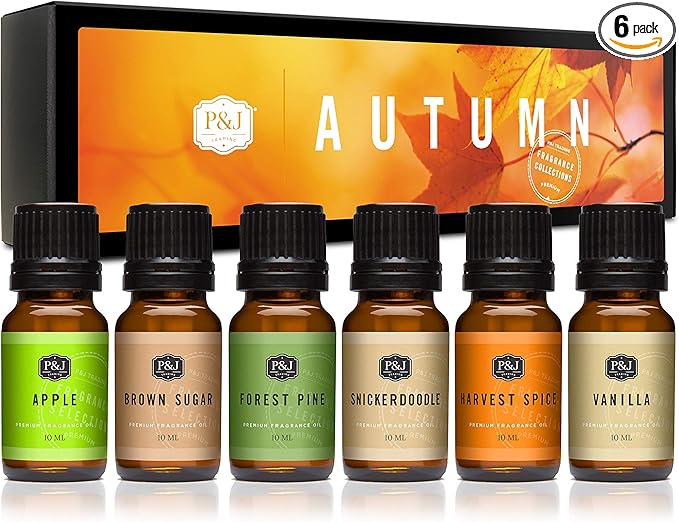 P&J Fragrance Oil Autumn Set | Brown Sugar, Apple, Harvest Spice, Vanilla, Forest Pine, and Snickerdoodle Scents for Candle Making, Freshie Scents, Soap Making Supplies, Diffuser Oil Scents