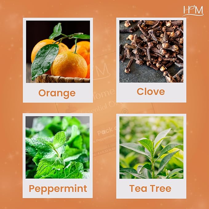 HM Home Essential Oil Kit – 4 Pack (Clove, Peppermint, Tea Tree, Orange) | Aromatic Blends for Relaxation, Refreshing Home Scents, and Natural Wellness – 1.35 FL OZ Each