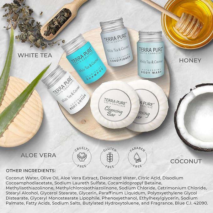 Terra Pure White Tea & Coconut Amenity & Accessory Kit |1oz Travel Size Shampoo, Conditioner, Lotion, Body Wash, 2 Cleansing Bars, Shave & Dental Sets, Make-Up Remover Wipes, & Vanity Kit | 15 Boxes