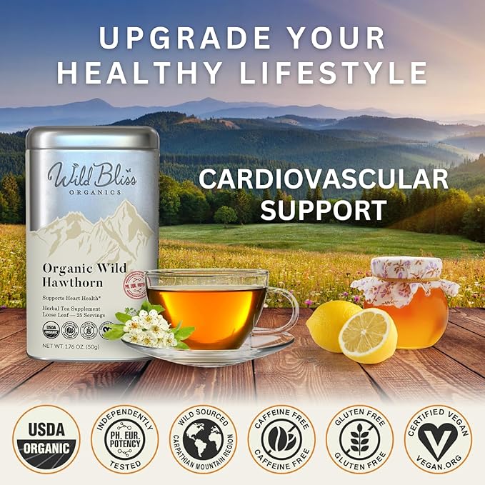 Organic Wild Hawthorn Leaf and Flower Herbal Tea - Caffeine Free - Pharmacopoeia Potency - 75 Plant Based Tea Bags