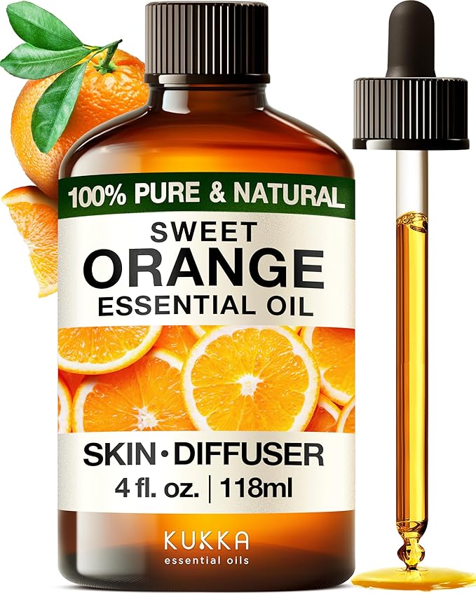 Kukka Sweet Orange Essential Oil for Diffuser & Skin - 4 Fl Oz - 100% Pure Natural Orange Oil, Citrus Scent, Cleaning for Aromatherapy & Soap Making Scent DIY