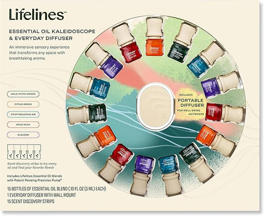 Lifelines Essential Oil Blends Collection Gift Set with Everyday Diffuser, 15-Pack - Blended Essential Oils for Aromatherapy Diffusers - Scented Fragrances for Joy, Calm, Focus & Energy