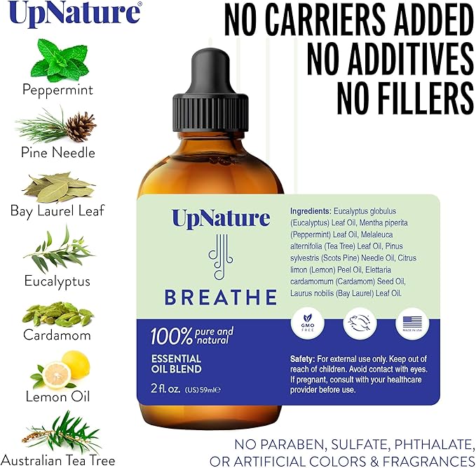 UpNature Breathe Essential Oil - Huge 2oz - Essential Oils for Diffusers Humidifiers Spa Respiratory Menthol Blend